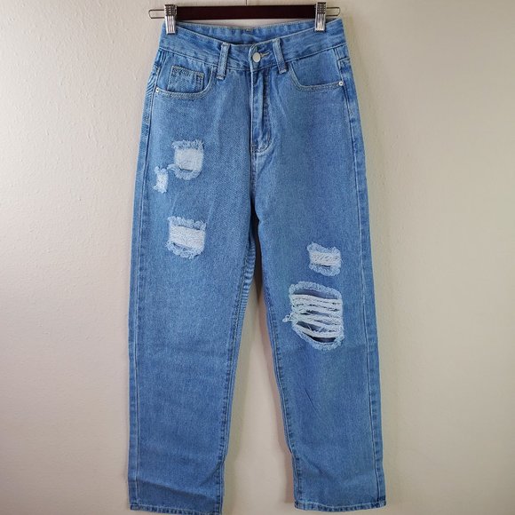 SHEIN Denim - Shein Womens Blue Wash Factory Distressed High Waist Ripped Jeans